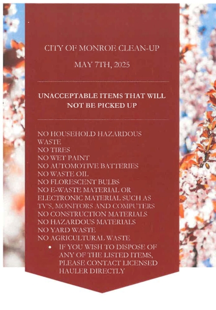 Banner Stating City of Monroe Clean-Up May 7th, 2025